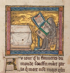 机で書く隠者、「Estoire del Saint Graal、La Queste del Saint Graal、Morte Artu」のミニチュア、c.1315-25（羊皮紙のインク）