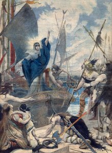 フランスのヒロイン。サン・ジュヌヴィエーヴ（423-512）。Les heroines de France - Invasions barbares - Sainte Genevieve saving the city of Paris.Le petit Journalのイラスト 作： French School