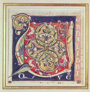 歴史的な最初のUは、サンタンドルオワボワの聖書から、交錯パターンと幻想的な動物を描いています 作： French School