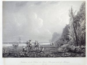 フランス植民地の歴史：1625年から1635年にかけて、西インド諸島のサン・クリストフ（セント・キッツ）とマルティニークの植民地を創設したのは、フランス人のピエール・ベラン・デナンブク。入植者たちは先住民を捕らえている。18世紀のエングレーヴィング C
