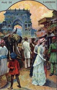 観光の歴史：インド、ラクナウの通りの西洋人観光客 (インド、ラクナウの通りの西洋人観光客) 19世紀のクロモリトグラフィー 個人蔵 作： French School