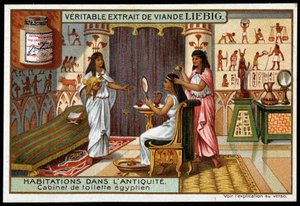 古代の家。エジプトのバスルーム - リービッヒの広告ステッカー 作： French School