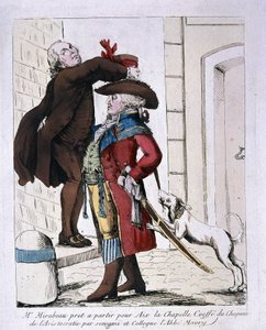 アベ・モーリー作の貴族の帽子をかぶったミラボー伯爵（1749-1791）オノレ・ガブリエル（Honore-Gabriel）・リケティがアーヘンに向けて出発する準備をしている様子（18世紀末