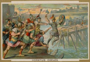 ローマの兵士であるホラティウスコクレスは、紀元前6世紀のクルシウムの王の侵略軍に対してポンスサブリシウスを防御しました。 作： French School