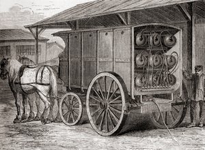 19世紀に圧縮ガスを携帯用容器に入れて輸送するために使用された馬車（1870年頃発行の「Les Merveilles de la Science」より）（彫刻）。 作： French School