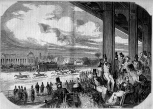 1858年、シャンティのハイポドロームで行われた競馬。 作： French School