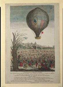 1784年1月19日、リヨンでのモンゴルフィエ兄弟とフランソワピラトレドゥロジェ（1754-85）による熱気球実験 作： French School