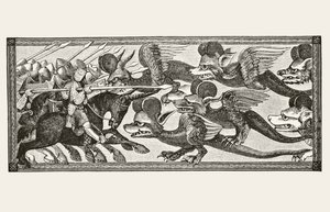 アレクサンダーが羊の角を額につけてドラゴンと戦った方法、「中世の科学と文学」（ポール・ラクロワ著、1806-84年）、ロンドン1878年 作： French School