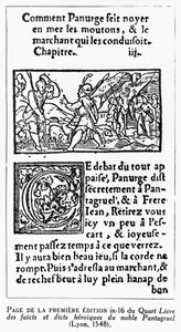 「パナージュが羊を溺死させた方法」、フランソワ・ラベリス（1494-1553）による「クォート・リヴル」からの1548年版の複製 作： French School