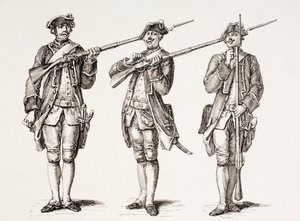 1776年のフランス語の教科書から、「XVIII Siecle Institutions、Usages et Costumes」から1875年に出版されたマスケット銃の充電方法 作： French School