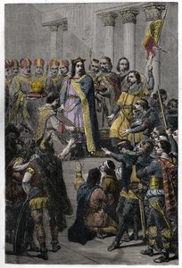 ヒュー・カペが王に選出 - 987年7月3日にノヨンで、ランスのアルケベクであるアダルベロン（925～990年頃）により、フランス王ヒュー・カペ（941～996年頃）の戴冠式が行われた。 作： French School