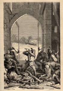 百年戦争：「La prise du Chateau de Grand Fougeray by Bertrand Du Guesclin (1320-1380) en 1356, Grand-Fougeray, Ille et Vilaine」（1356年、百年戦争の一環としてイギリス人がレンヌを包囲している間に、ベルトラン・デュゲスクリンが着飾っていた。 作： French School