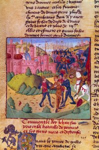 百年戦争：「1356年9月19日、ポワチエの戦いでイングランド軍の捕虜となったフランス国王ジョン2世（1319-1364）」 ジャン・フロワサール（1337-1400）年代記の細密画 15世紀 シャンティイ、コンデ美術館蔵 作： French School