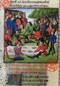 Gaston Phebus de Foix（1331-91）によるLivre de la Chasseからの狩猟ランチ 作： French School