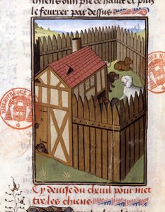 犬小屋の中の狩猟犬 - "フォワ伯爵、ベアン公ガストン・フィーバスの狩猟書 "より