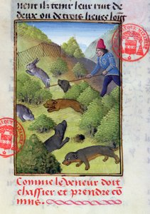 15世紀初頭のガストンフェブス作のリブレデラシャスの犬と網を使ったウサギの狩猟 作： French School
