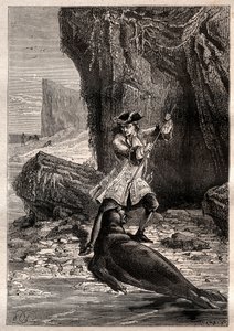 スペードを彼の胸に押し込んだ。1709年、太平洋のガラパゴス諸島の一つで海犬（アザラシ）に襲われたウッズ・ロジャース（1679-1732）-イラストは "The Great Mariners of the 18th century "より引用 作： French School