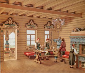 ロシアのイズバの理想的なインテリア、1880年頃（カラー彫刻） 作： French School