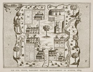 Ile Ste。サミュエルドシャンプラン（c.1580-1635）による航海からの、1604年のアカディアでのフランス領の最初の開拓地、クロワ、1613年