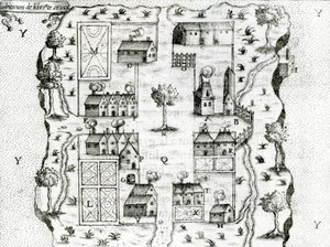 Ile Ste。サミュエルドシャンプラン（c.1580-1635）による航海からの、1604年のアカディアでのフランス領の最初の開拓地、クロワ、1613年 作： French School