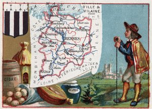 フランス、ブルターニュ地方のイル・エ・ヴィレーヌ（Ille et Vilaine、35）。シードルとバター。フランスの各県に関するシリーズ。クロモリ（Chromo）「地理的な糸」、1920年頃。個人のコレクション。 作： French School