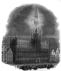 1864年9月26日、オランダの支配からベルギーを解放した戦いの記念日に、ブリュッセル市庁舎に設置されたイルミネーション。M.D.A.によるスケッチより。"The Illustrous Universe "に掲載されているエングレーヴィング。 作： French School