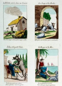 ジャン・ド・ラ・フォンテーヌ（1621-1695）の寓話のイラストボード：屋根裏に入ったイタチ、オオカミと羊、ロバと犬、羊飼いと海。エングレーヴィング 作： French School