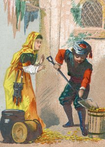 千夜一夜物語」の挿絵。アリババ（アリババ）が金色のロバを積んで家に帰る 1890年頃のクロモリトグラフ。 作： French School