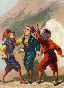 千夜一夜物語」の挿絵。アリババ（Ali Baba）に嫉妬したカセム（Cassim）も洞窟に行くが、外に出るという言葉を忘れてしまい、盗賊に殺されてしまう。1890年頃のクロモリトグラフ。 作： French School