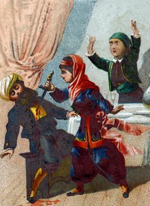 千夜一夜物語」の挿絵。隊長は再び変装してアリババ（Ali baba）に戻るが、モルジアンは彼を認め、踊りの最中に彼を刺す。1890年頃のクロモリトグラフ。
