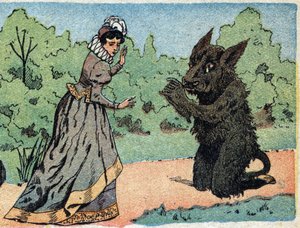 物語「美女とベテ」の挿絵：ベテは急に怖くなった美女に問いかける。クインのイメージのエングレーヴィング、1890年頃。 作： French School