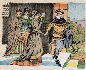 物語「La Belle et la Bete」の挿絵。旅に出る商人は3人の娘に別れを告げ、帰ってきたら贈り物をすると約束した。クインのイメージのエングレーヴィング、1890年頃。 作： French School