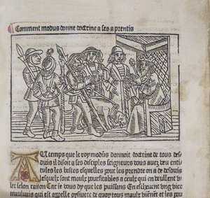 アンリフェリエール作「Le Livre du Roy Modus et de la Reine Racio」のイラスト、1486年（木版画および活版） 作： French School
