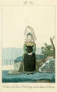 イラストNo. 32、ルーアン近郊のボワ・ダンブールの衣装（カラー彫刻） 作： French School
