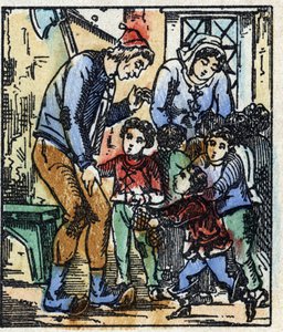 シャルル・ペローの「Le petit poucet」物語のイラスト。エピナルのイメージング・ペランの木版画。19世紀後半 作： French School