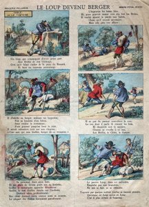 ジャン・ド・ラ・フォンテーヌ（1621-1695）の寓話「オオカミは羊飼いになった」のイラスト。19世紀後半のエピナル・イメージング。 作： French School