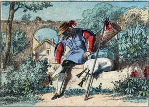 ジャン・ド・ラ・フォンテーヌ（1621-1695）の寓話「オオカミは羊飼いになった」のイラスト。19世紀後半のエピナル・イメージング。 作： French School