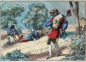 ジャン・ド・ラ・フォンテーヌ（1621-1695）の寓話「オオカミは羊飼いになった」のイラスト。19世紀後半のエピナル・イメージング。 作： French School