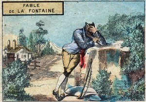 ジャン・ド・ラ・フォンテーヌ（1621-1695）の寓話「オオカミは羊飼いになった」のイラスト。19世紀後半のエピナル・イメージング。 作： French School