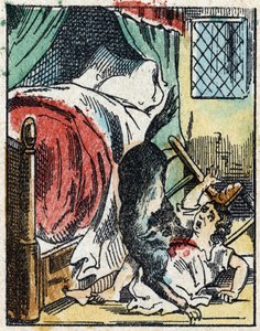 シャルル・ペローの物語「赤ずきんちゃん」のイラスト。イメージング・ペラン（エピナル）の木版画。19世紀後半の作品。 作： French School