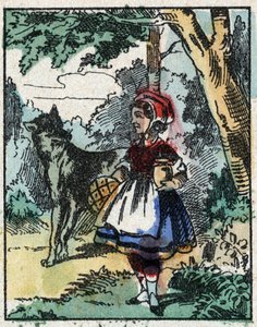 シャルル・ペローの物語「赤ずきんちゃん」のイラスト。イメージング・ペラン（エピナル）の木版画。19世紀後半の作品。