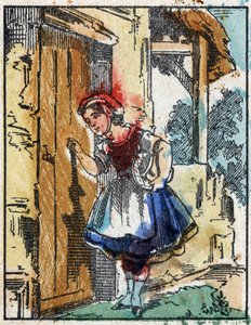 シャルル・ペローの物語「赤ずきんちゃん」のイラスト。イメージング・ペラン（エピナル）の木版画。19世紀後半の作品。 作： French School