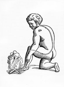 エルゼビアによってアムステルダムで公開されたTractatis de Homineによる、火への反応に関連した人間の神経系の松果体からの管の働きのイラスト、1677年（woodc 作： French School