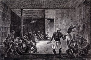 1862年に出版された「Le Tour du monde」に掲載された、ボルネオ島のダヤック族による悪魔祓いの様子を描いたイラスト。エングレーヴィングです。