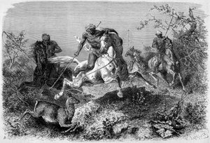 1870年から1871年にかけて出版された「Le Tour du monde」に掲載された、ボルネオ島で狩りをするディヤックを描いたイラスト。エングレーヴィングです。 作： French School