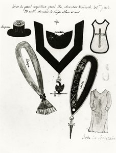 フリーメーソンのスコットランドの儀式、1813年のフリーメーソンのレガリアと騎士カドシュのドレスのイラスト、1813年（紙、ペン、インク、ガッシュ） 作： French School