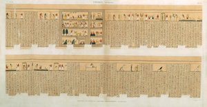 ウィレミンによって出版された、「エジプトの説明」の第II巻の象形文字、ハイポギース、テーベ、プレート75のパンプス写本のイラスト、パブ。 1822（アクアチント） 作： French School