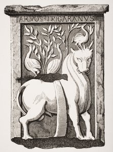 1711年にパリのノートルダム大聖堂の合唱団の下で発見された聖オックスケルトの記念碑の画像。 作： French School