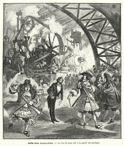 1889年のパリ万国博覧会の機械館にルイ14世とその宮廷人が訪れた際の想像図（エングレービング 作： French School