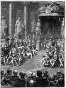 元老院での皇帝会議：1805年のイタリア新王国の憲法についてのナポレオンの演説-アドルフ・ティエールの「領事の歴史と付随する帝国の歴史」に収録-1879年-個人蔵 作： French School
